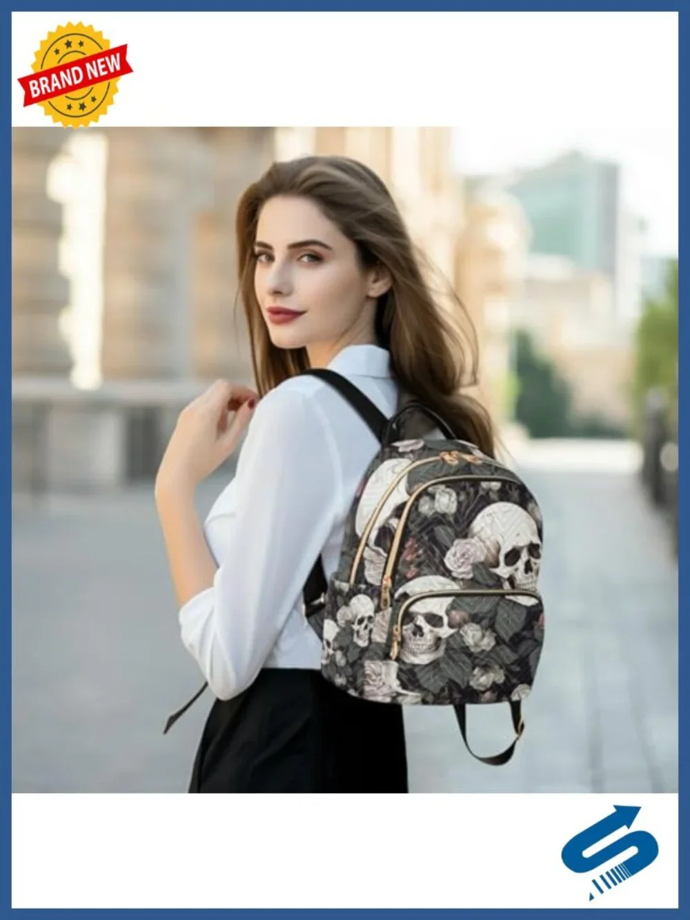 ALA White Skull Rose Flowers Nylon Small Backpack Purse Lightweight Travel
